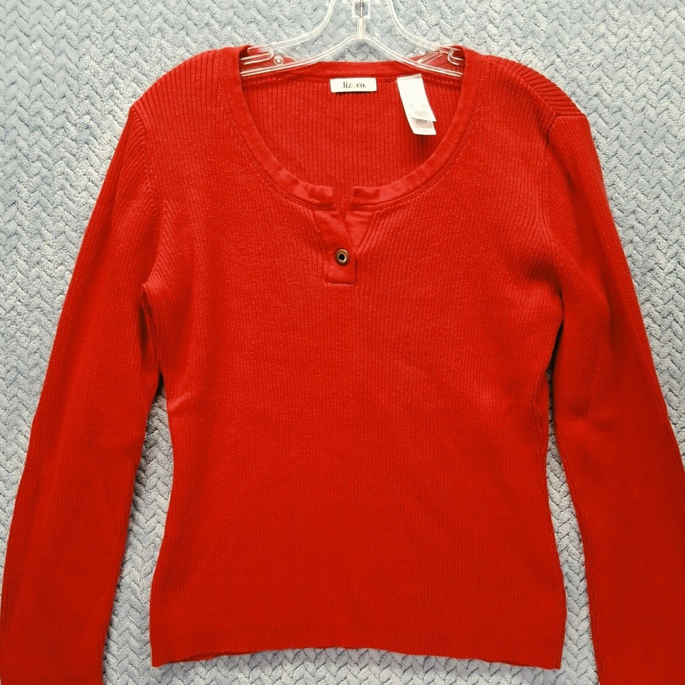Liz & Co Womens Red Ribbed 100% Cotton Long Sleeve Henley Sweater Top XL